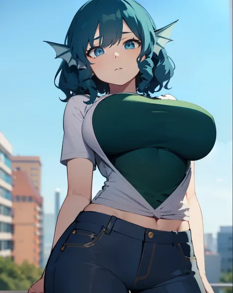 wakasagihime, 1women, big breasted , blue hair, short hair, blue eyes, head fins, T-shirt, pants, passive look, expressionless, masterpiece, best quality,