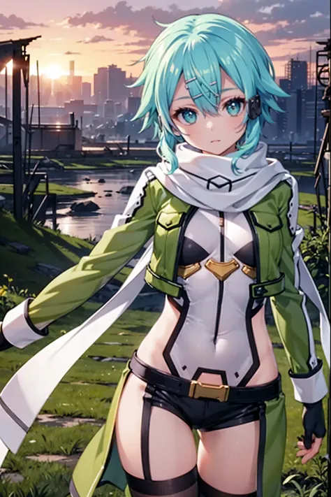 masterpiece, best quality, integrated scenery, integrated background, extremely delicate and beautiful, meticulous details, good composition, , cute face, perfect face, perfect hands, best quality, expressive eyes, perfect face, highres, sinon1, scarf, fin...