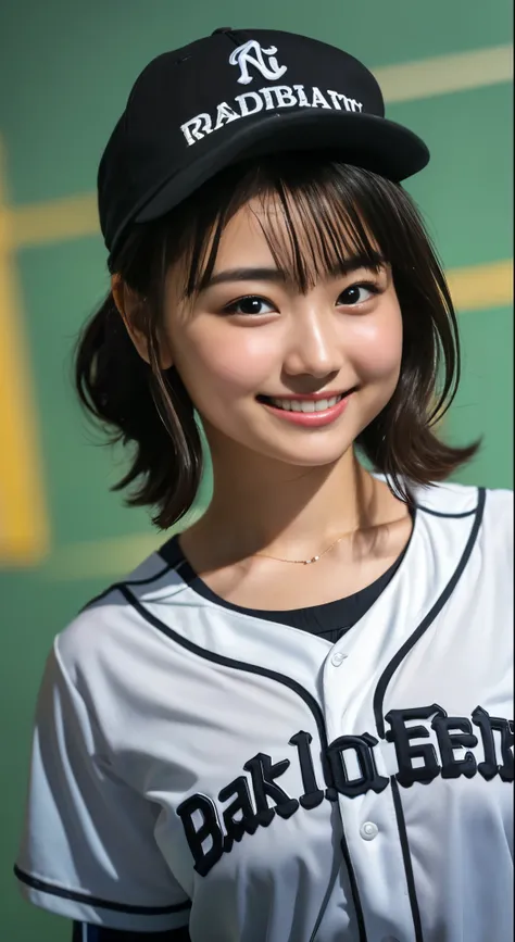 （8k、Raw photography、Best Quality、masterpiece：1.2),(Black Hair、Dark Eyes:1.9),(baseball uniform:1.5)、 viewers,Front View,(:1.4)、(Tight waist:1.6)、(Clothes that accentuate the shape of the breasts:1.7)、(Big Breasts :1.8)、 Slim Body 、 ultra high resolution,be...