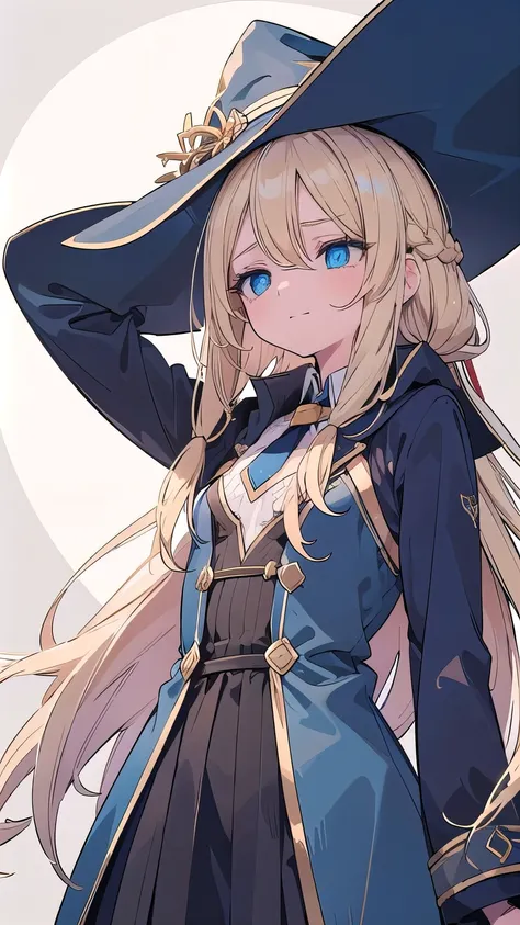 masterpiece, background through, (( upper body))　girl 　clear　1gboy, Blonde,  Noble long hair, Medium Hair, blue eyes,  tie your hair into a braid, flat chest, gold decoration, ,cleavage, cleavage cutout, clothing cutout, closed mouth, dynamic pose, witch h...