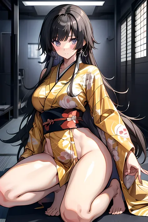 one girl ，( review， long hair， a man's testicles in a kimono，valley，bare legs， beautiful thighs，exposed，blush， embarrassed ，knee...