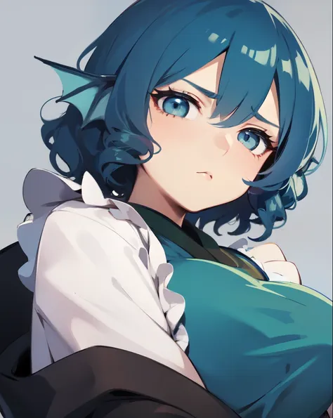 wakasagihime, 1women, age 20, (big breast:0.7), blue hair, short hair, blue eyes, head fins, T-shirt, pants, cold gaze, showing no emotions, stare, masterpiece, best quality.