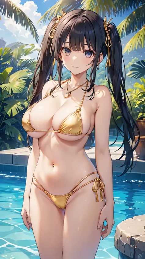 Best quality at best, tmasterpiece,short, (gigantic cleavage breasts:1.4),(black hair,straight twintails,blunt bangs),shiny eye,(outdoor,luxury hotel, poolside,paradise), great,(micro golden bikini,navel pierce:1.5),(plunging,groin,pendant,navel pierce,cowboy shot:1.3),  (((the vulgar))), (Happy),( standing,straight on, from the  front:1.4),(shiny skin,oily skin), hands out, Smiling,