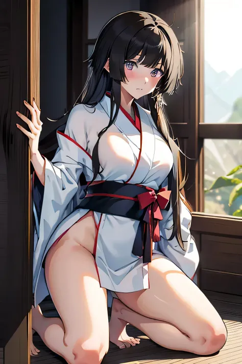 one girl ，( review， long hair， a man's testicles in a kimono，valley，bare legs， beautiful thighs，exposed，blush， embarrassed ，knee...