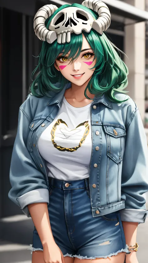 nelliel tu odelschwanck, green hair,yellow eyes, skull, face mark,large breasts,smile , parted lips, happy, high-waisted mom jea...