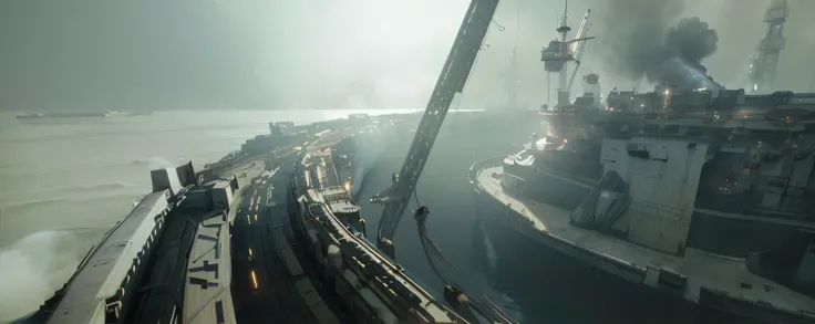 there is a large boat that is on the water with smoke coming out of it, in a sci-fi shipping port, smelting pitbeeple, detailed cinematic render, detailed cinematic shot, matte painting unreal engine, matte painting of steam machines, unreal engine render ...