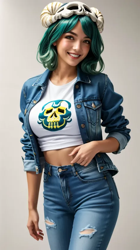 nelliel tu odelschwanck, green hair,yellow eyes, skull, face mark,large breasts,smile , parted lips, happy, high-waisted mom jea...