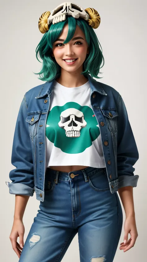 nelliel tu odelschwanck, green hair,yellow eyes, skull, face mark,large breasts,smile , parted lips, happy, high-waisted mom jea...