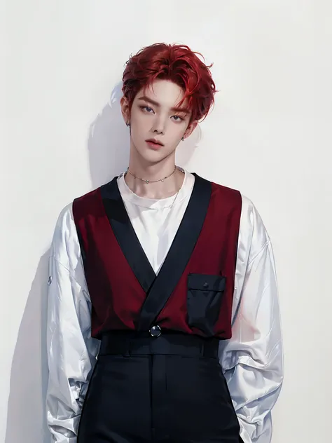 (4k)) ((  high quality )) (( white background )) ((amber-red hair color)) ((blue trousers)) ((one member of a k-pop group)) ((am...