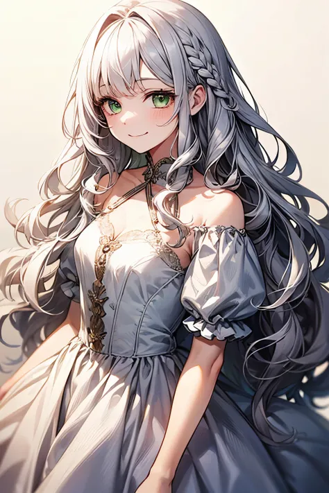  cute girl、smile、Grown up teen、Long fluffy hairstyle with delicate body 、White Hair、Green Eyes、Fluffy long hairstyles、 wavy hair 、 white dress、Short bangs、The hair on the side is braided 