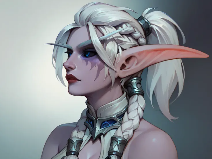 TyrN, colored skin, facial mark, pointy ears, elf, white hair, short hair, ponytail, twin braids, braided hair, blue eyes, black sclera, medium breasts