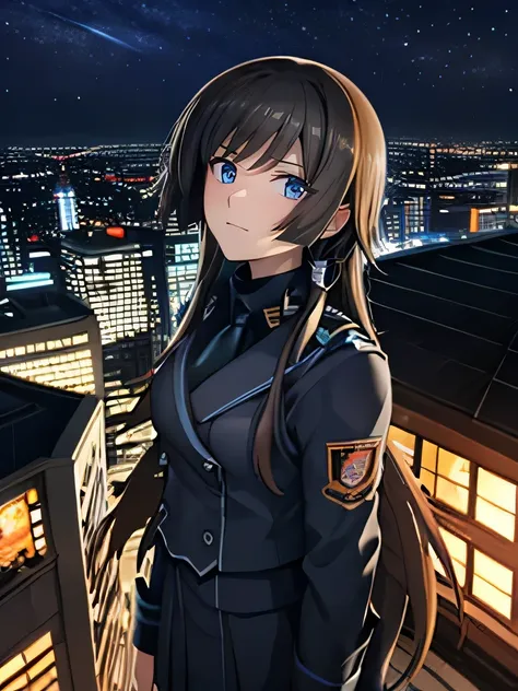 one girl ， brown hair ， long hair，smile， and smiles ，uniform，standing on the roof， looking up and looking over here，scenery seen...