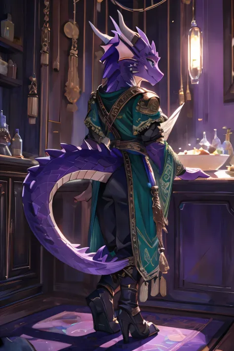 A female furry dragonborn, purple scales, emerald color eyes, tail