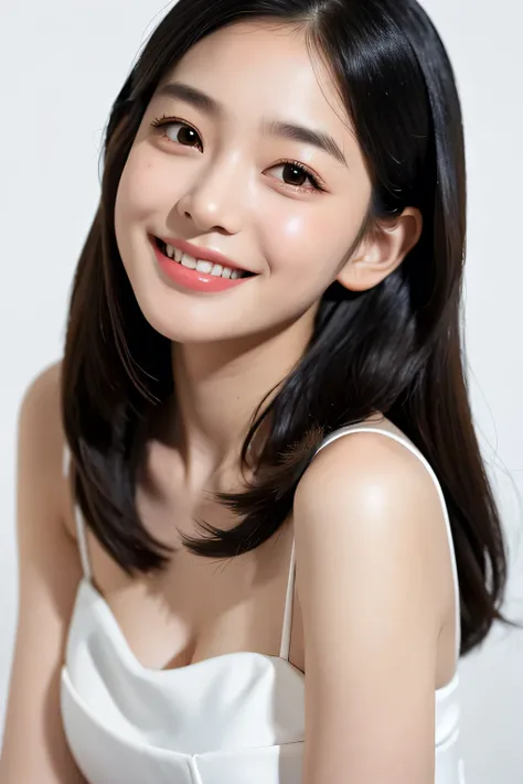 1 girl, princess dress, white background, realistic, (Masterpiece), Highest quality, black hair, brown eyes, high definition, Idol, Lively, well-behaved, confident stare, Smile shyly, stand and sing,