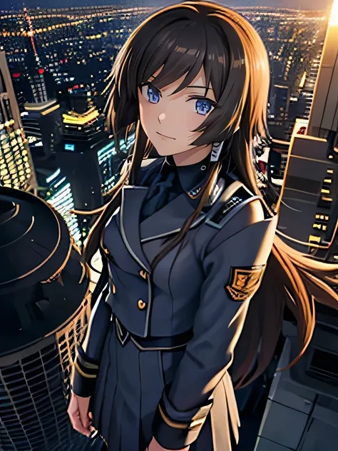 one girl ， brown hair ， long hair，smile， and smiles ，uniform，standing on the roof， looking up and looking over here，scenery seen...