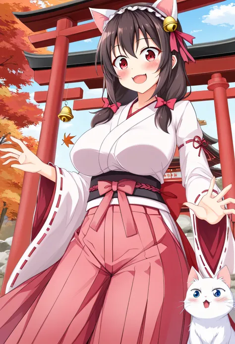 yunyun、masterpiece, best quality,  high definition ,one person, Yunyun、 Former name yunyun,  crown blade the same color as my hair,  black hair、Red eyes、 hair accessory with a bell ,  hair bow, ( white and pink shrine maiden costume 、Hakama is a red )、She ...