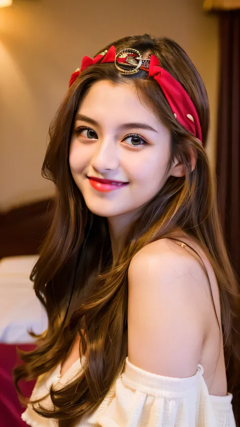 Female ((20year old)), hair ((long, wavy, brown)), eyes ((hazel, smart eyes)), clothes ((G-string, off-shoulders, Red, light red)), accessories ((hairband)), gigantic breast, oppai, seductive smile, smiling, dark purple lipstick, Hotel Room, bright lightin...