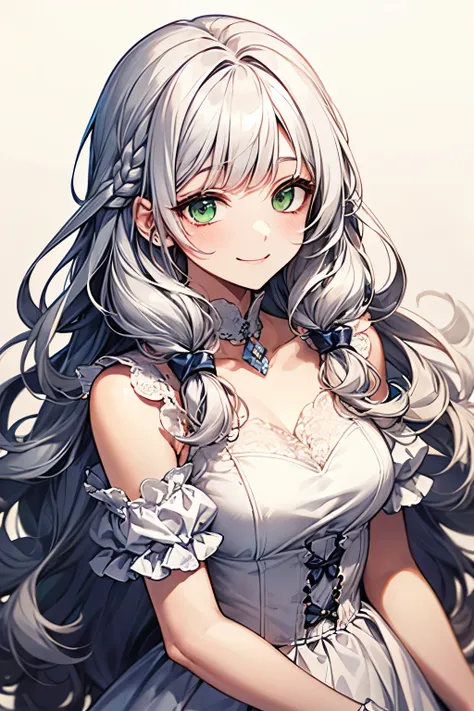  cute girl、smile、Grown up teen、Long fluffy hairstyle with delicate body 、White Hair、Green Eyes、Fluffy bob hairstyle、 wavy hair 、 white dress、Short bangs、The hair on the side is braided 