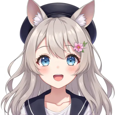  a girl, smile,  Open mouth,  blue eyes ,  Animal ears,  Very long hair,  Hair flower, beret, Minimalism, 