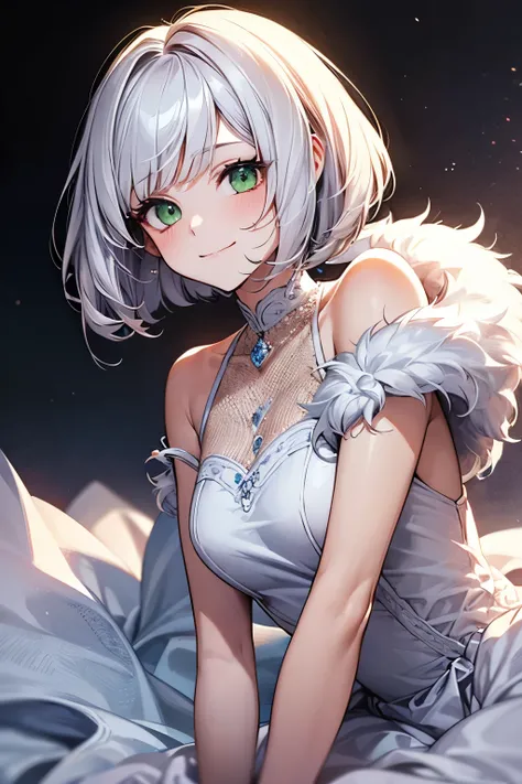  cute girl、smile、Grown up teen、Long fluffy hairstyle with delicate body 、White Hair、Green Eyes、Bob Cut Style、 shoulder-length hair 、 wavy hair 、 fluffy hair、 white dress、Short bangs、The hair on the side is braided 