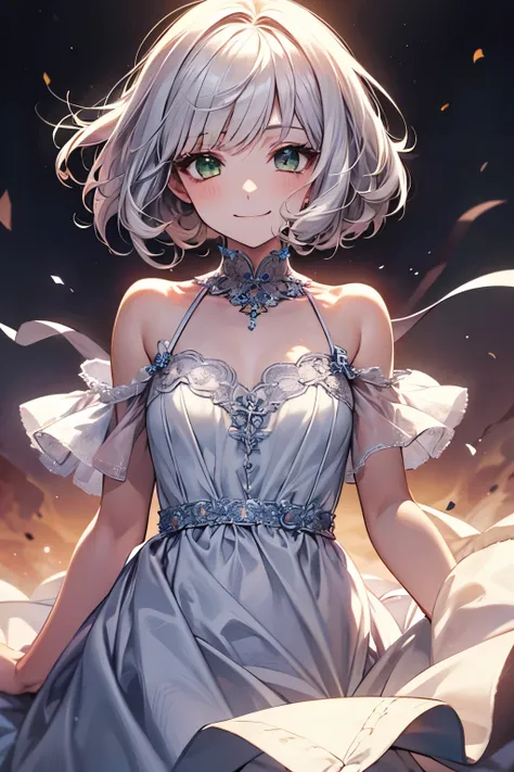  cute girl、smile、Grown up teen、Long fluffy hairstyle with delicate body 、White Hair、Green Eyes、Bob Cut Style、 shoulder-length hair 、 wavy hair 、 fluffy hair、 white dress、Short bangs、The hair on the side is braided 