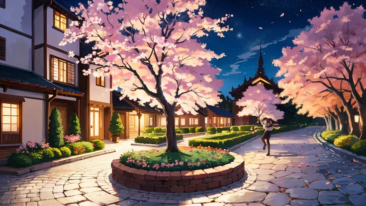 Cherry Blossoms at Night,landscape, cherry blossom petals dance,garden,