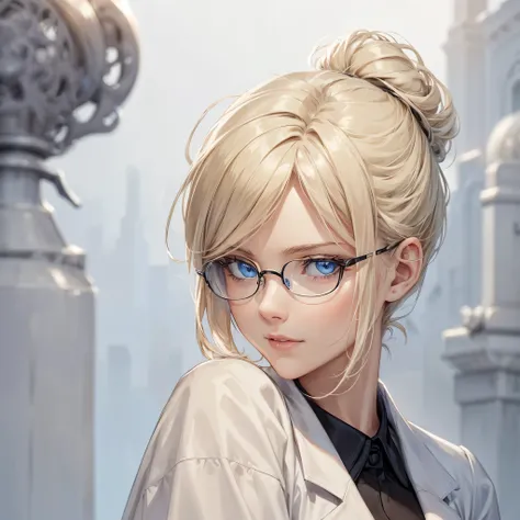 (Highest quality, High resolution, Very detailed),1 girl, Beautiful and elegant light blue eyes perfect eyes,, lady, scientist, smooth face, European face, Blonde Hair,  short hair, single big hair bun, Wearing a suit, Mature Woman, Age 25, Cruel smile, Ca...
