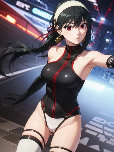 yor briar, black hair, (red eyes:1.5), earrings, white hairband, hairband, long hair, sidelocks,
BREAK ((hair ribbon, black ribbon, black bodysuit, leotard, bare shoulders, elbow gloves, shiny clothes, black thighhighs, white boots:1.2)),
BREAK A female bi...