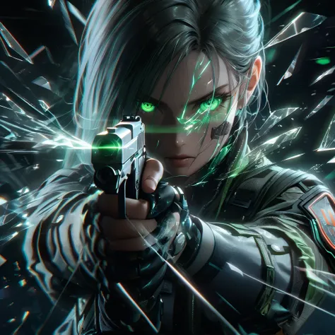 a cyberpunk-style close-up illustration of a female character aiming a futuristic handgun directly at the viewer. the scene feat...