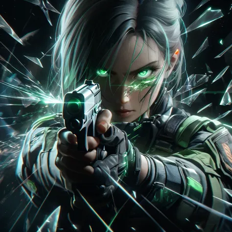 a cyberpunk-style close-up illustration of a female character aiming a futuristic handgun directly at the viewer. the scene feat...