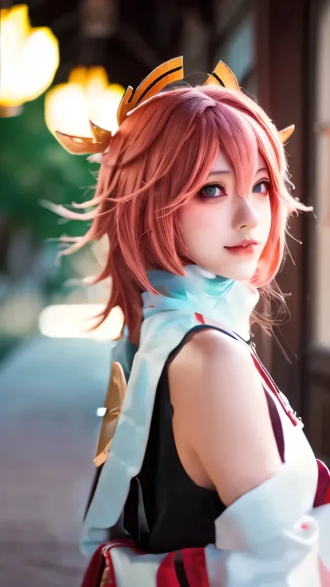 best quality, masterpiece, highres, 1girl, slim body, solo, yae miko from genshin impact cosplay, alone, jealous face,Beautiful face,upon_body, tyndall effect,photorealistic, dark studio, rim lighting, two tone lighting,(high detailed skin:1.2), 8k uhd, ds...