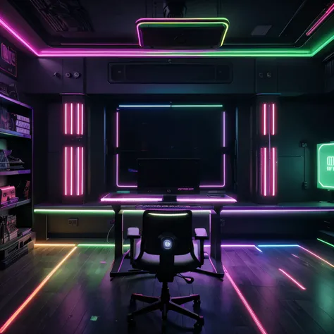 there is a desk with a computer and a monitor on it, neon accent lights, gaming room, rgb lighting, cyber neon lighting, gamer aesthetic, gamer themed, in a cyberpunk themed room, neon lit, led gaming, oled lights in corners, cyberpunk setting, cyber neon ...