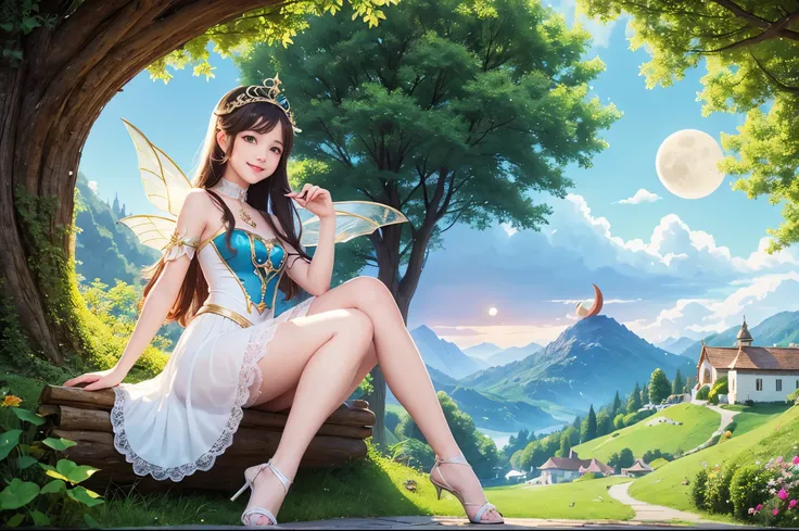  best quality　masterpiece　 Details　A super cute girl is sitting on the crescent moon with a smile　 fairy tale　Photo style　Artistic　 Fantasy 　Picture books　 beautiful scenery