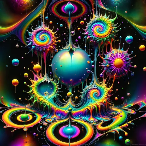 A psychedelic dream, vibrant colors shimmering, glass morphing from colors, intricate rainbow patterns, perfectly formed symmetrical spheres and glowing reflective bubbles, attention to detail on the bubbles and spheres, rainbows of color twisted in and ou...