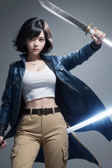 Dorakue 3: Female Hero with Black Hair, Short Hair, Blue Jacket, Beige Pants, and Sword