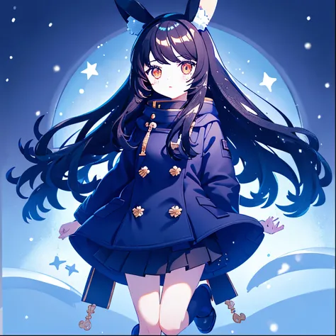   1 girl, black hair,  semi-long hair at the end,Bunny ears,  navy blue sailor suit  ,  duffle coat  ，tights for one leg only，snow,Winter Night