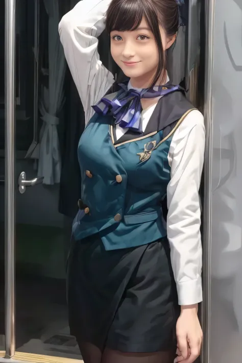 (masterpiece:1.2,  best quality:1.2), 32kHDR,  kampala, (Alone、  1 girl)、（What is 、  professional lighting）、In-flight background、（Nankai Train crew uniformを着たリアルなスタイル）、（（Nankai train crew uniform green vest））、（（ Nankai train crew uniform collarless white l...