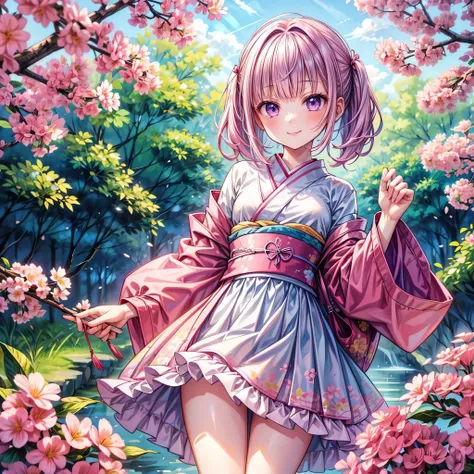 1girl, solo, full body, beautiful illustration, happy smile, cute girl, pastel color, petite body, medium breasts, light purple hair, BREAK, short hair, low twintail hair, blunt bangs, wearing pink kimono with long hanging sleeves worn, blossom cherry patt...