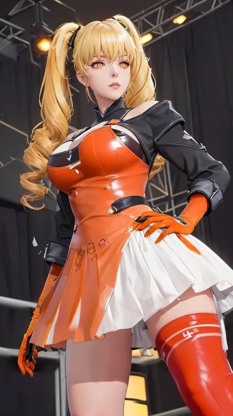 (（（figure，御姐figure,White and tender skin,（（（FenNib , long_sleeves_skirt, red_single_thighhigh, thigh_holster, elbow_gloves, strap, ）））,(（（twintails, Blonde_hair, orange_eyes,））),，((masterpiece)), highres icon,((Best quality at best)),masterpiece,quality,Be...