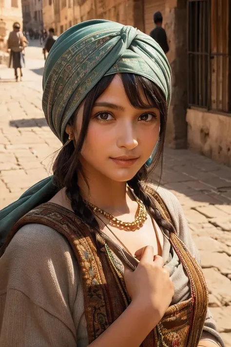 A merchant with a turban on her head in ancient Rome