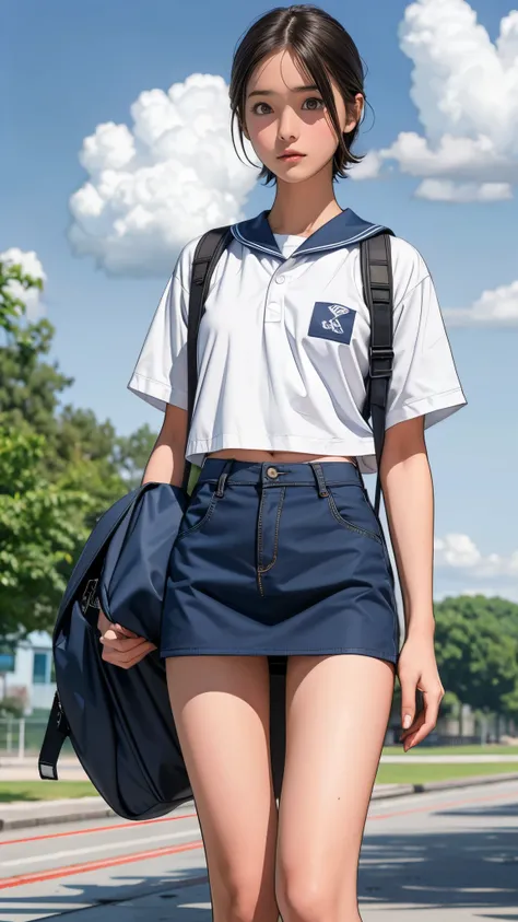 Girl standing in schoolyard, Cumulonimbus clouds floating in the summer sky,  navy blue speed swim briefs,  wearing a white sailor shirt ,  backpack , , (Very slim:1.4),  Thin Thighs , Knee,  Brown Eyes ,  short hair gathered low 