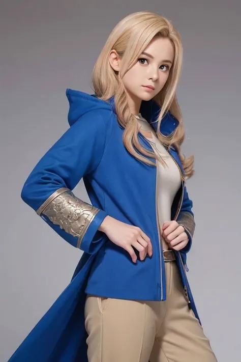 Dragon Quest 3: Female Hero Shortcut Blue Jacket with Sword in Hand Beige Trousers Cloak