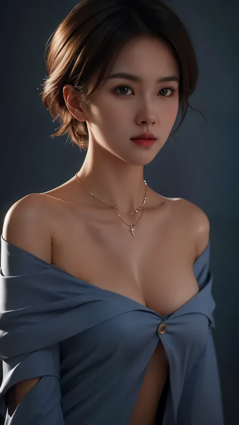 Best quality, masterpiece, ultra high res, (photorealistic:1.5),Elegant look, raw photo, breast, 1girl, offshoulder, in the dark, deep shadow, low key, cold light, sexy look, short hair, necklace, moonlighting