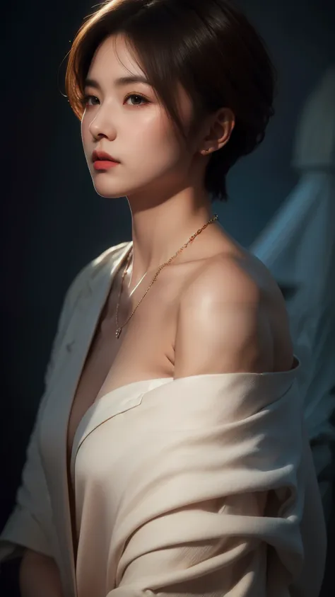 Best quality, masterpiece, ultra high res, (photorealistic:1.5),Elegant look, raw photo, breast, 1girl, offshoulder, in the dark, deep shadow, low key, cold light, sexy look, short hair, necklace, moonlighting