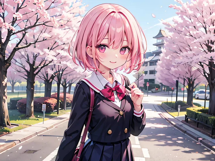 School uniform, pink hair, smile, cherry blossom, 