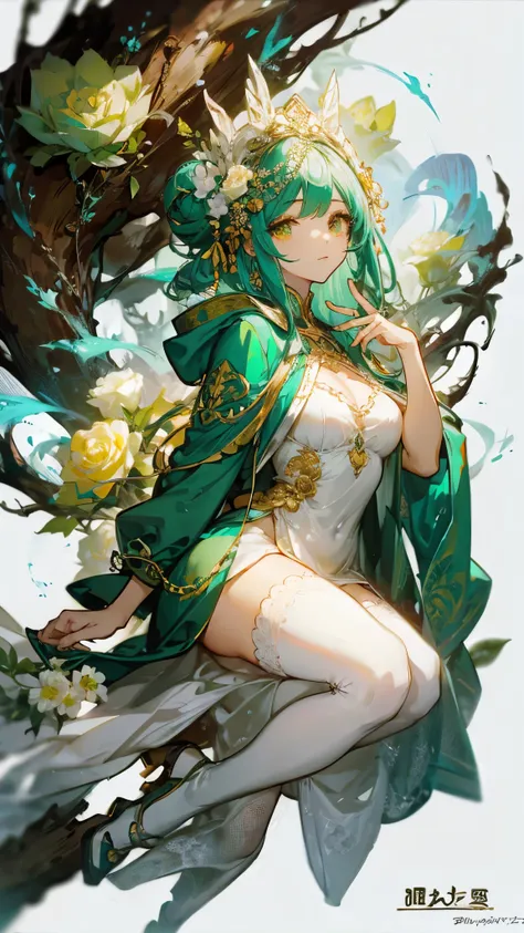  pure white background，masterpiece,  top quality  ,  detailed facial ,  character design sheet  ，whole body, Full of details,  multiple poses and expressions,  Very Detailed , depth, Many parts，Chunhui Goddess，spring， sparkling eyes ，green，Yellow Rose，Fant...