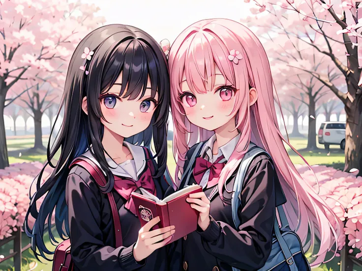 School uniform, pink long hair, smile, bag, book, cherry blossom, 