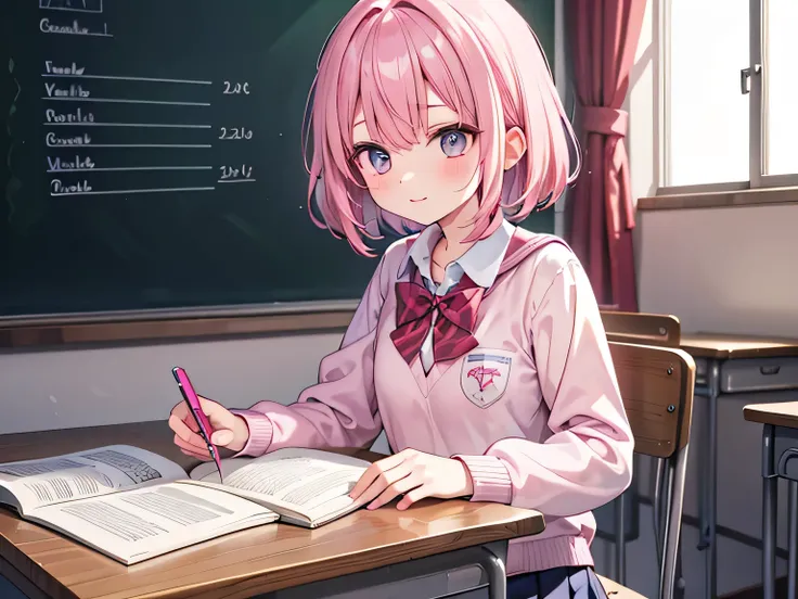 School uniform, studying, pink hair, class