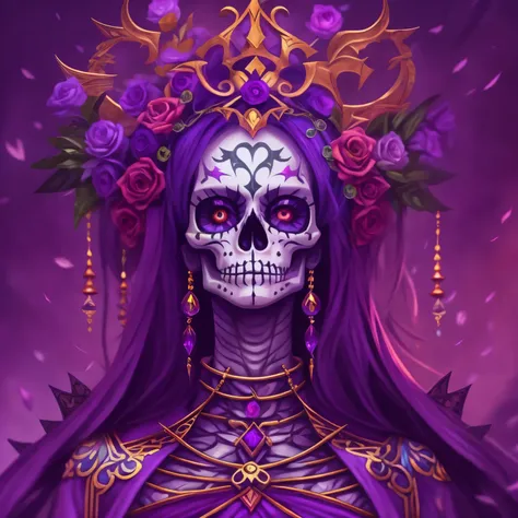 a digital painting of a woman with a skull face and a bright purple cloak, Assustadora Queen of Death cores vibrantes, Saint Skeleton Rainha, Goddess of death, close-up portrait goddess skull, Queen of Death, anime skull portrait woman, Dark glowing digita...