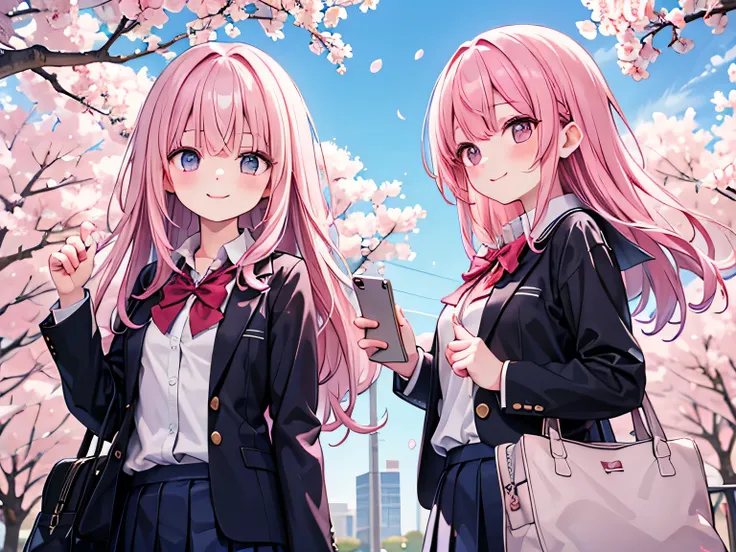 School uniform, pink hair, smile, cherry blossom, class, 